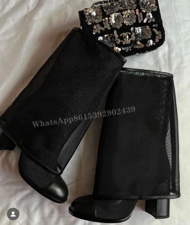 Women Hollow Mesh Flip Up Sleeve Boots Thick Heel Black Loose Knee Booties Round Mary Jane Elegant Shoes Slip On Sexy Casual