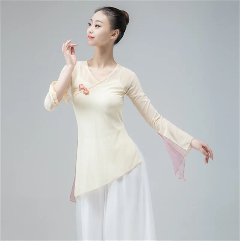 

Newly Gauzy V-neck Adult Women Classical Dance Costumes Translucent Fast Drying Blouse Bell-bottomed Sleeve Dance Practice Top