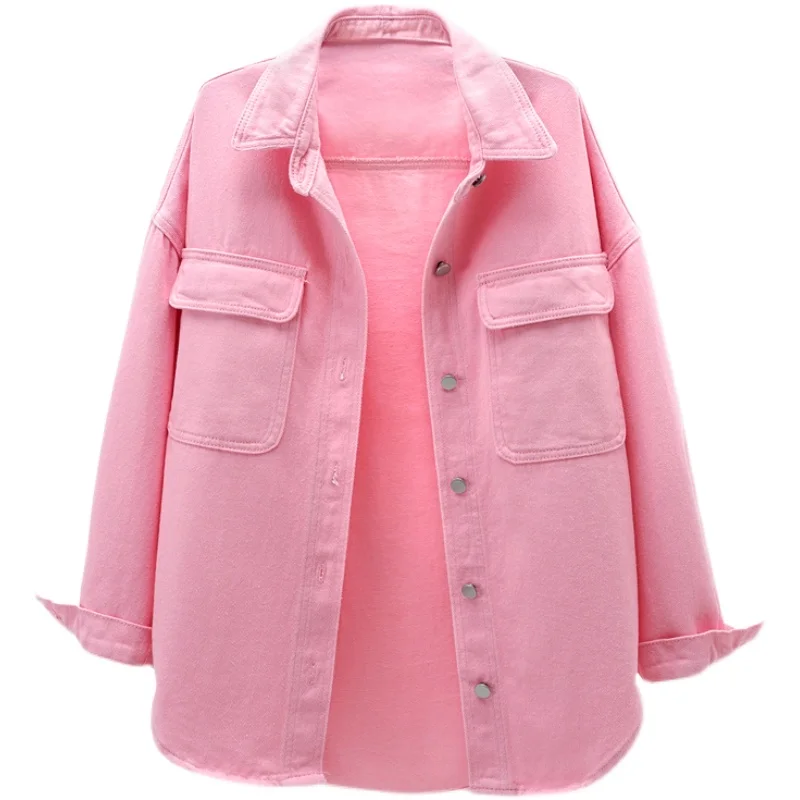 2022 Spring New Korean Pink Denim Blouses Women Tops Fashion Pocket Long-Sleeve Jeans Shirt Female Loose Vintage Clothes G1940