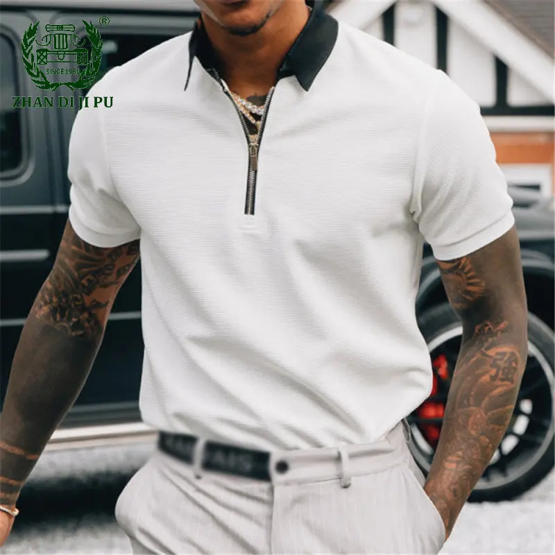

Рубашка-поло мужская с воротником на молнии, Повседневная модная свободная футболка с короткими рукавами, простая Удобная уличная одежда контрастных цветов, на лето