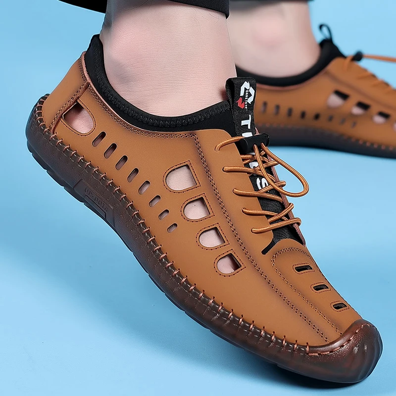 

2023 Summer Men Outdoors Sandals Breathable Comfort Mens Elastic Leather Shoes Fashion Male Flat Casual Perforated leather shoes
