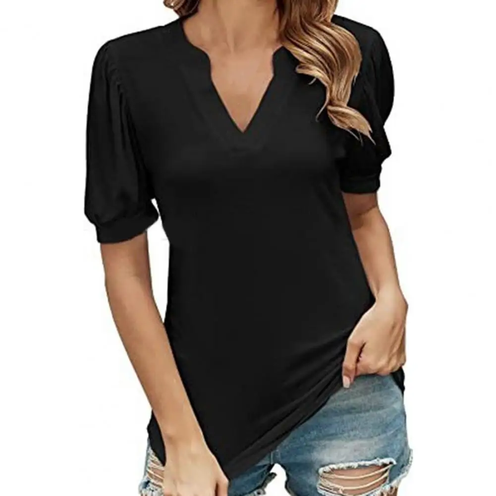 

V Neck Women T-Shirt Cool Puff Short Sleeve Solid Color Lady Tee Shirt Streetwear for Work Female Clothing топ женский 티셔츠
