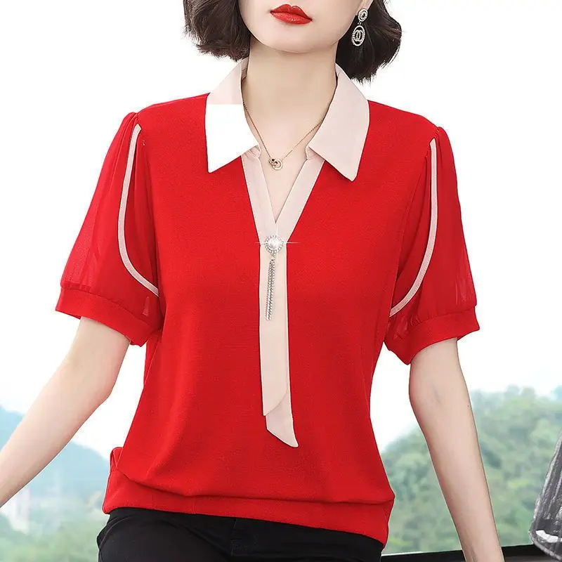 

Summer New Loose Chiffon Casual Bottom Shirt Ladies Plus Size Short Sleeve Patchwork Tops Tees Vintage Fashion Women Clothing
