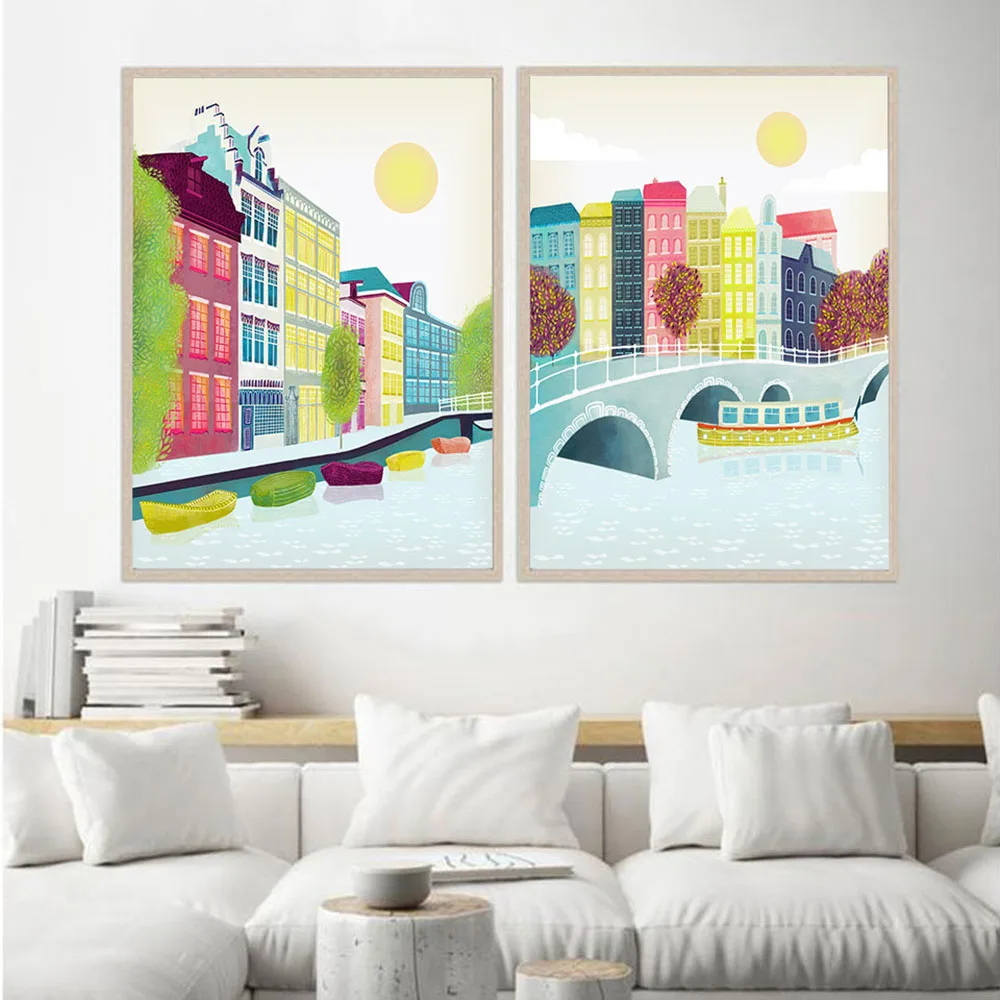 Красочный городской пейзаж плакат внутренняя река лодка искусство печатная
