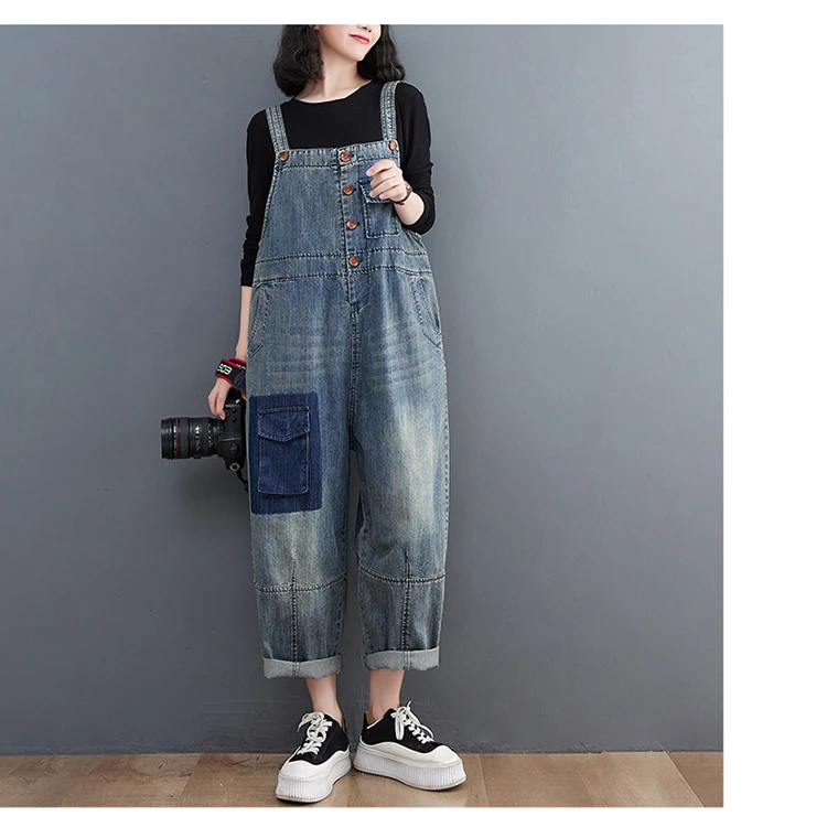 

Women Vintage Rompers 2023 Spring New Loose All Match Denim Overalls Bleached Jumpsuits Female Patch Colorblock Pockets Clothes
