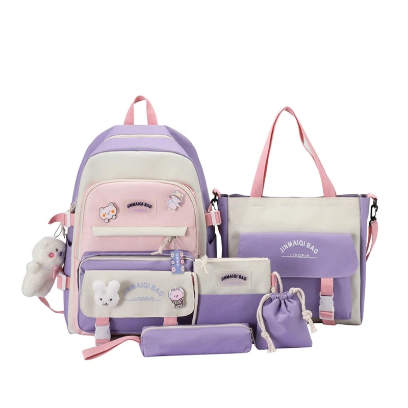 

5Pcs Kawaii Cute Backpacks Combo Set, Students Lightweight Bookbag Outdoor Daypack with Anti-Theft Pocket Kit 2023