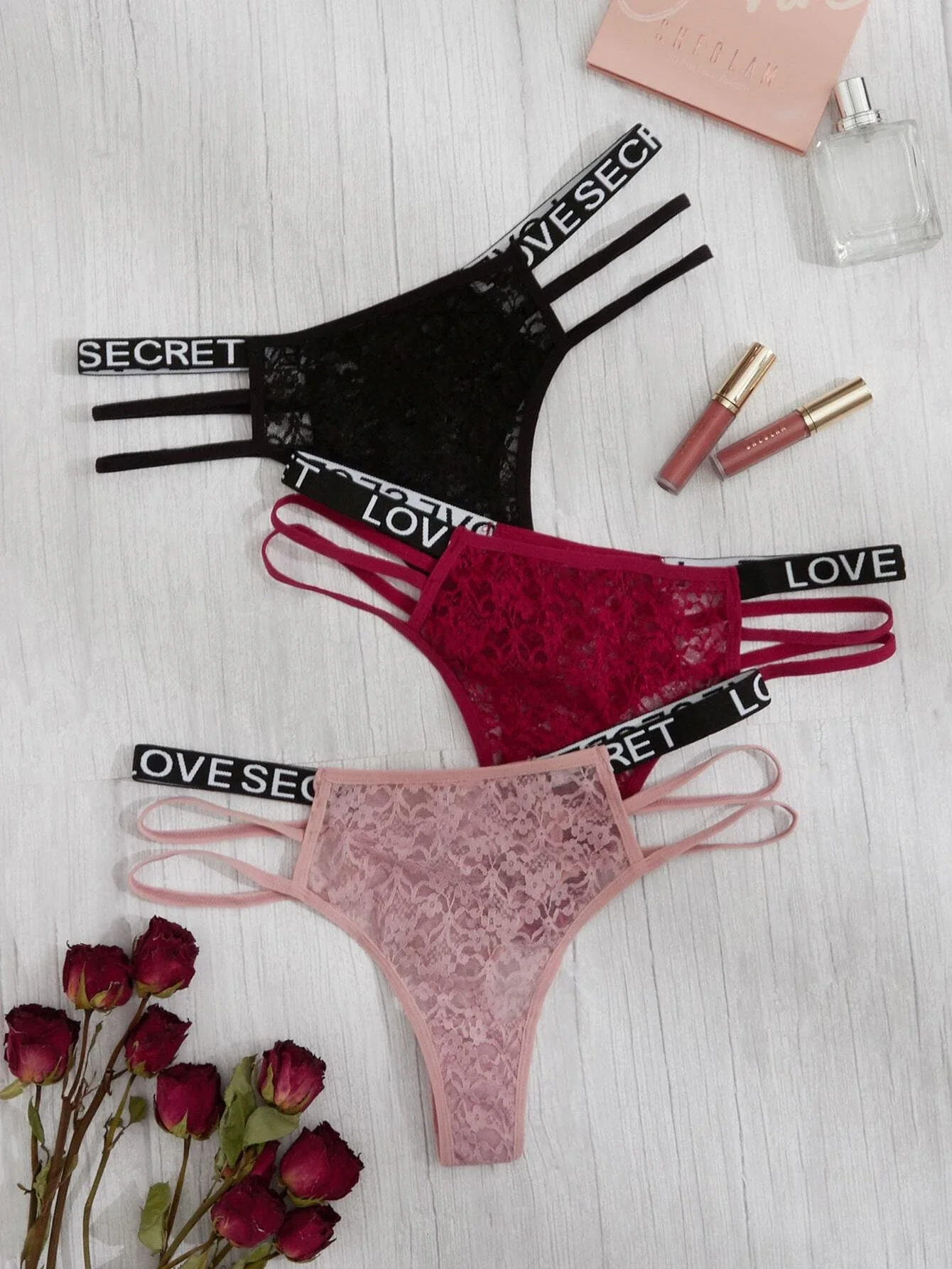 

Plus 3pack Floral Lace Contrast Letter Tape Thong