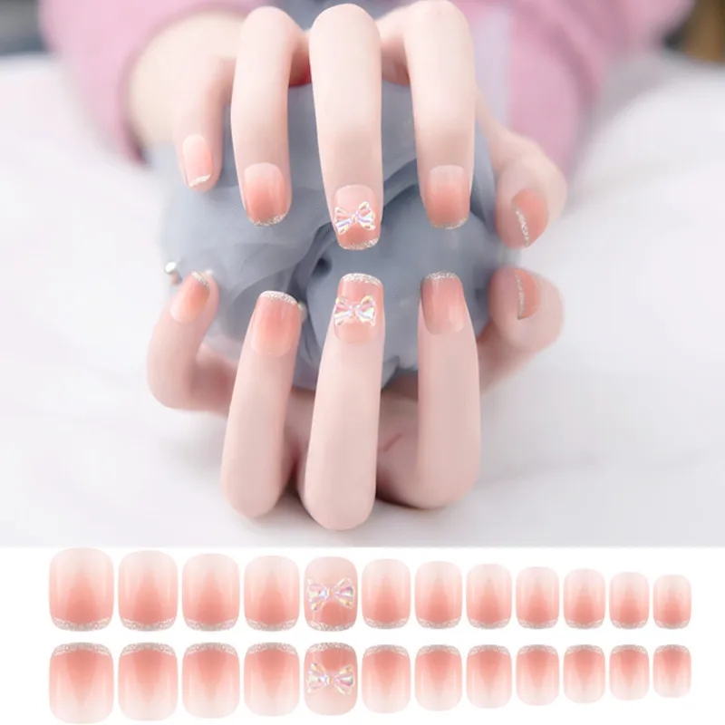 

24pcs Short Full Cover False Nails Square French Glitter Gradient Fake Fingernail Art Tips