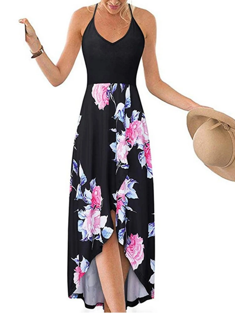 Women Spaghetti Strap Summer Sexy Dress Split Black White Floral Print V-Neck Bodycon Long Female Backless Party Beach Vestidos