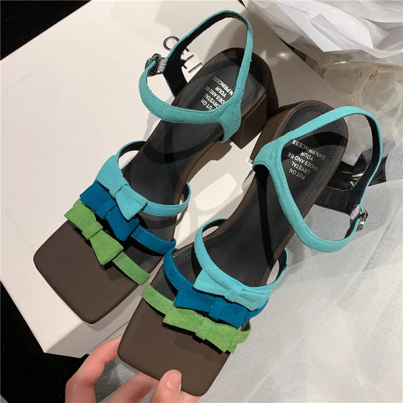 

Mr Co Sandals Leather Fashion Bow Ladies Single Shoes Square Toe Thick Sole Color Blocking One Word Buckle Ladies Shoes New Ins