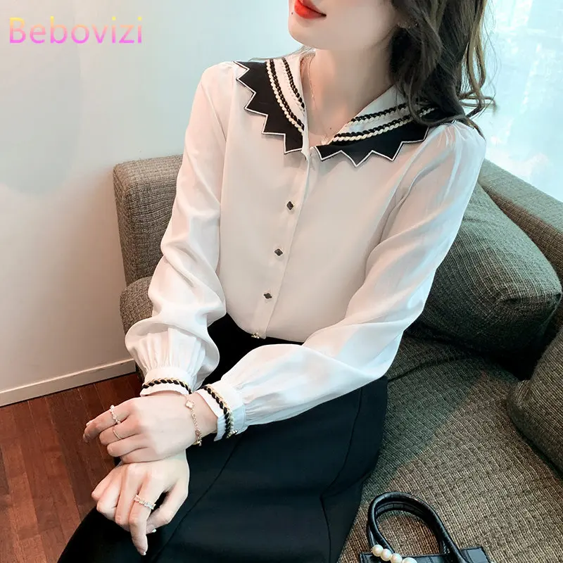 

Casual Fashion Long Sleeve Shirt Women's 2022 New Puff Sleeve Navy Collar Office Lady Blouse Top
