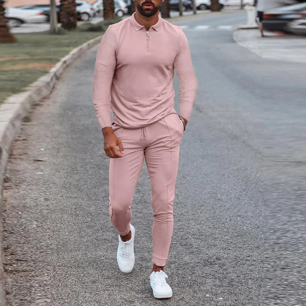 

2022 Men's Spring and Autumn New Long Sleeve Casual Fashion Set Polo Collar Solid Color Long Sleeve Two-Piece Set