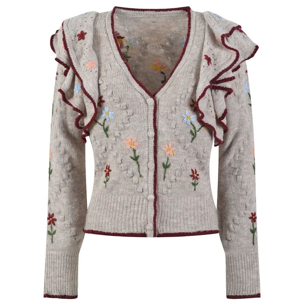 

Korean Style V-Neck Ruffles Knitted Sweater Women Cardigan Flowers Embroidery Single Breasted Coat Long Sleeve Tops Jumper Woman