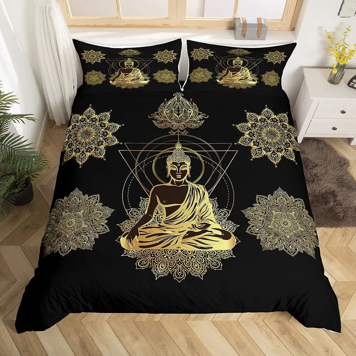 ,bohemian Bedding Set Golden Black Lotus Flowers Print Luxur