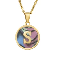 women gold initial letter necklace stainless steel multicolor round shell 26 letters pendants name necklaces ol fashion jewelry