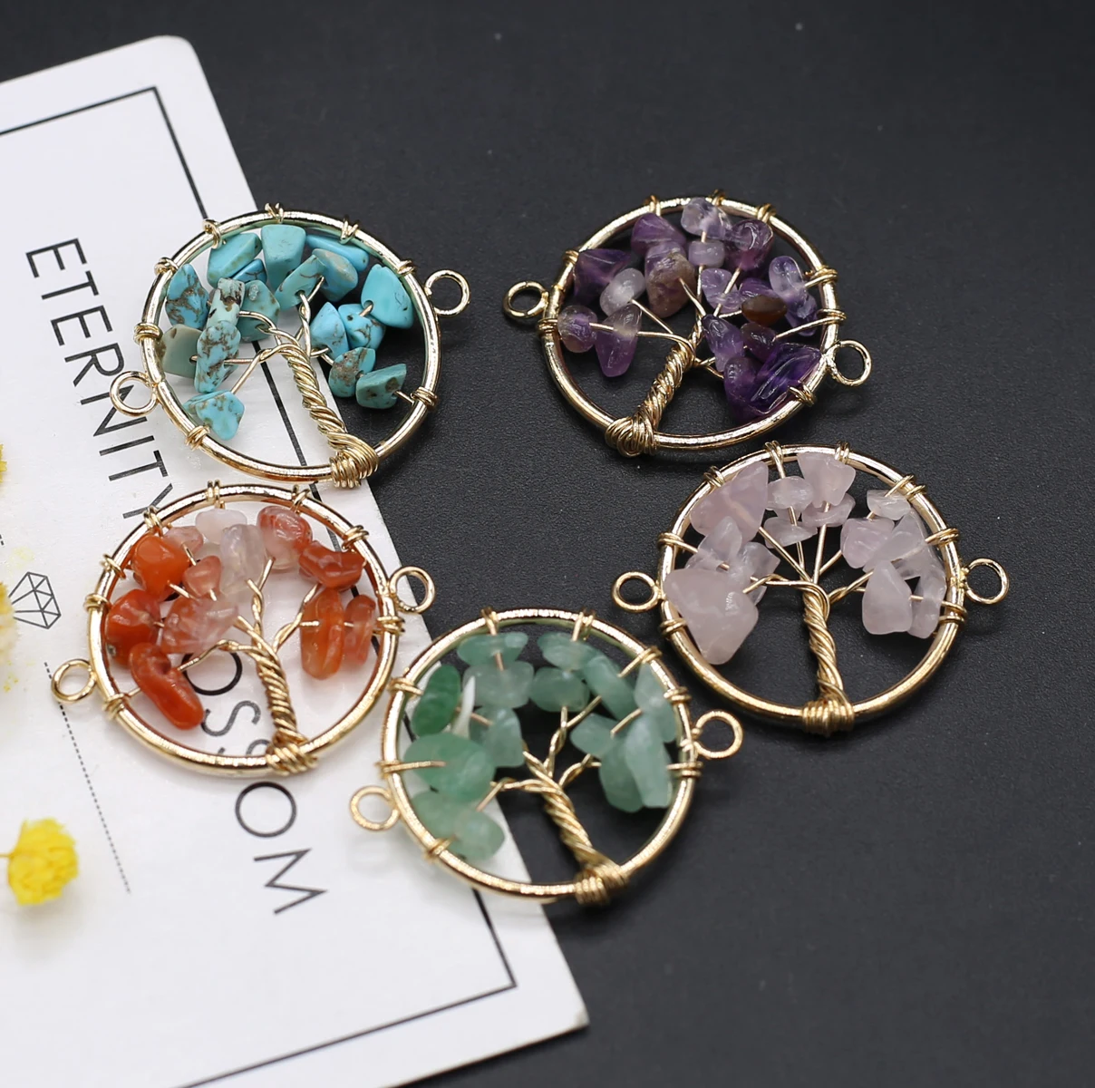 

Natural Stone Tree of Life Amethyst Rose Quartz Fluorite Round Connector For Jewelry MakingDIY Necklace Hanging Accessories Gift