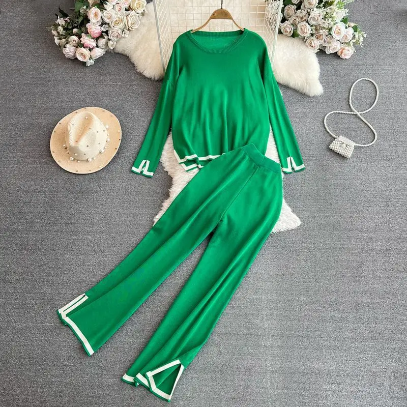 

Fashion Women's Korean Long-sleeved Crewneck Loose Knit Sweater High-waisted Slit Wide Pants Two Piece Sets Womens Outifits