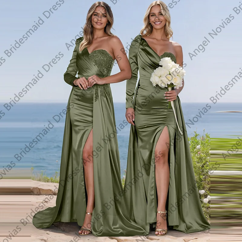 Индивидуальные атласно-зеленые платья подружки невесты с длинными рукавами и