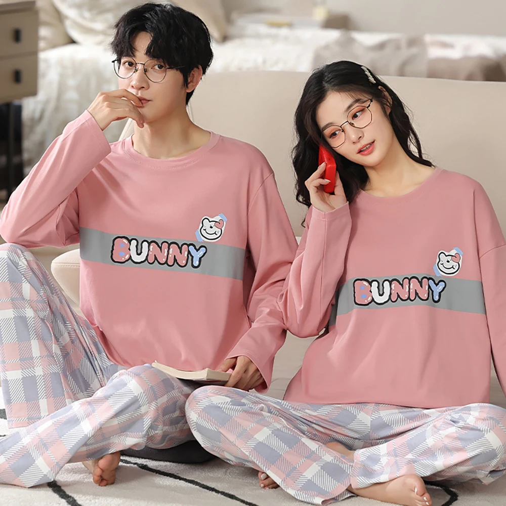 Couples 100% Cotton Pajama Sets Sweet Rabbit Print Pajamas Sleepwear Casual Plaid Elastic Pants Home Suit for Women pijama mujer