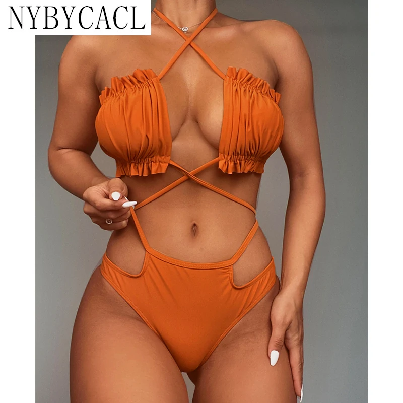 

2022 Brown Ruffled Bikini Swimsuit Women Sexy Cross Halter Two Piece Bikinis Set Swimwear Female Bathing Suits Beachwear Biquini