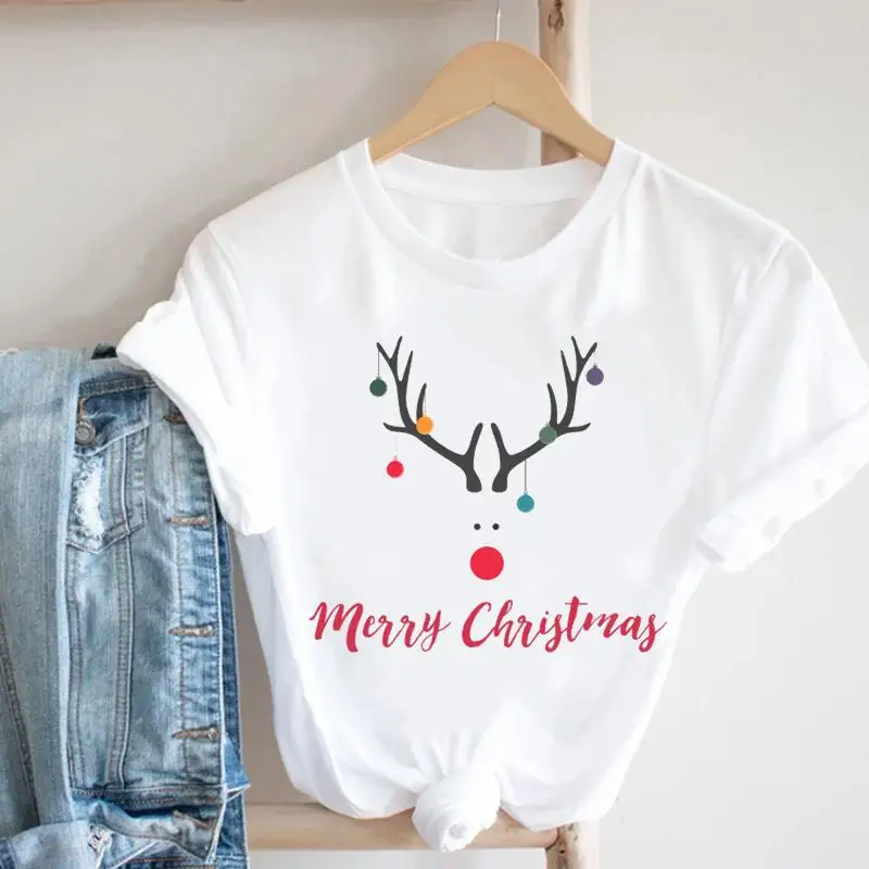 

Women Deer Face Letter New Year Happy Holiday Trend Print Merry Christmas Cartoon Tshirt Graphic 2022 T-shirts Top Travel Tee