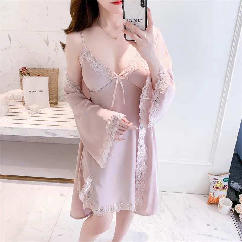 

Халат-кимоно женский короткий, пикантная ночная рубашка с разрезом, кружевная атласная ночная рубашка, домашняя одежда в стиле пэчворк, 2 шт.