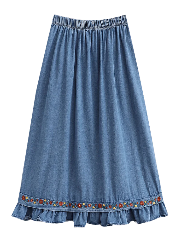 

Women High Waist Denim Skirts Floral Embroidery Streetwear Solid Jeans Bottom 2022 Spring Vintage Korean Ladies Daily Skirt