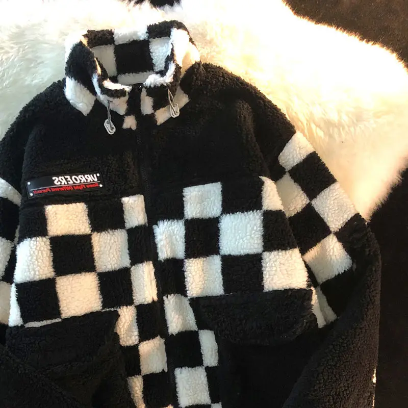 Шахматная бархатная куртка из ягненка Женская водолазка Осень-зима 2021 свободная
