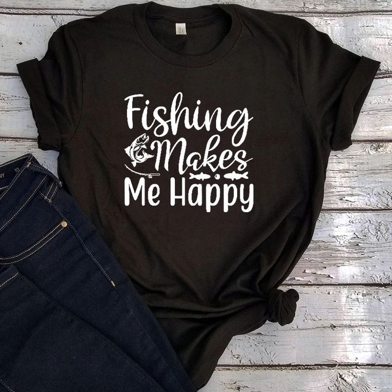 

Fishing Makes Me Happy Tshirt Boating Fishing Gifts 2022 Camping Tee Lake Clothes Summer Tee Men Funny Fishing Shirt