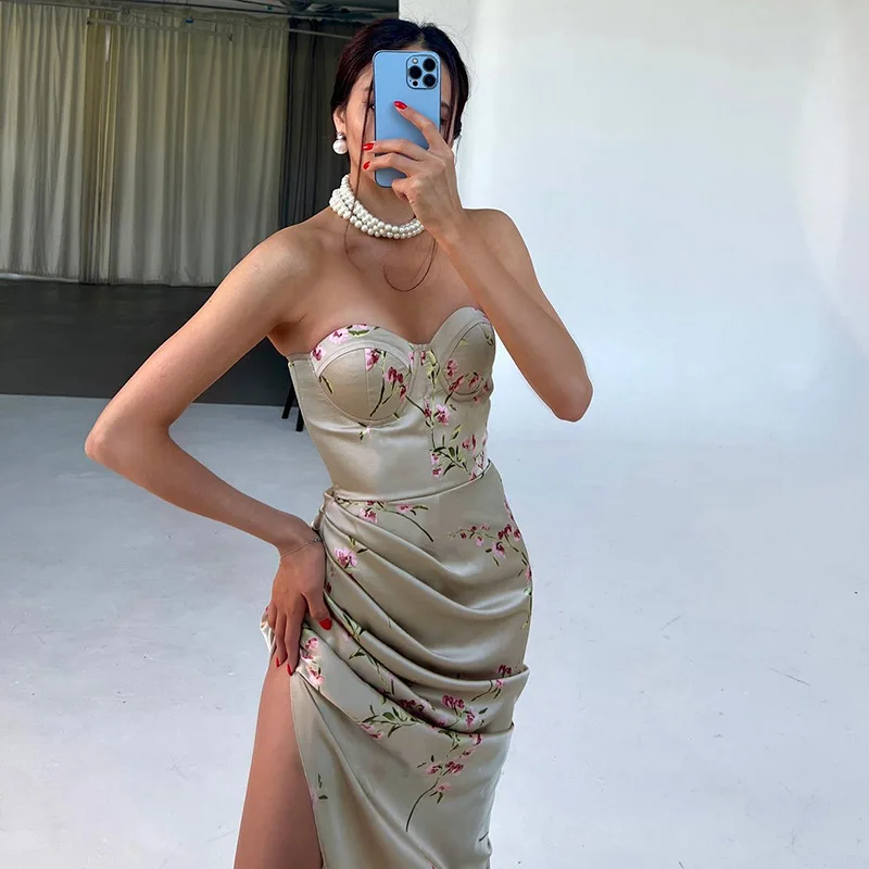 

Design show chest thin dress party style sexy slim strapless split skirt surprise