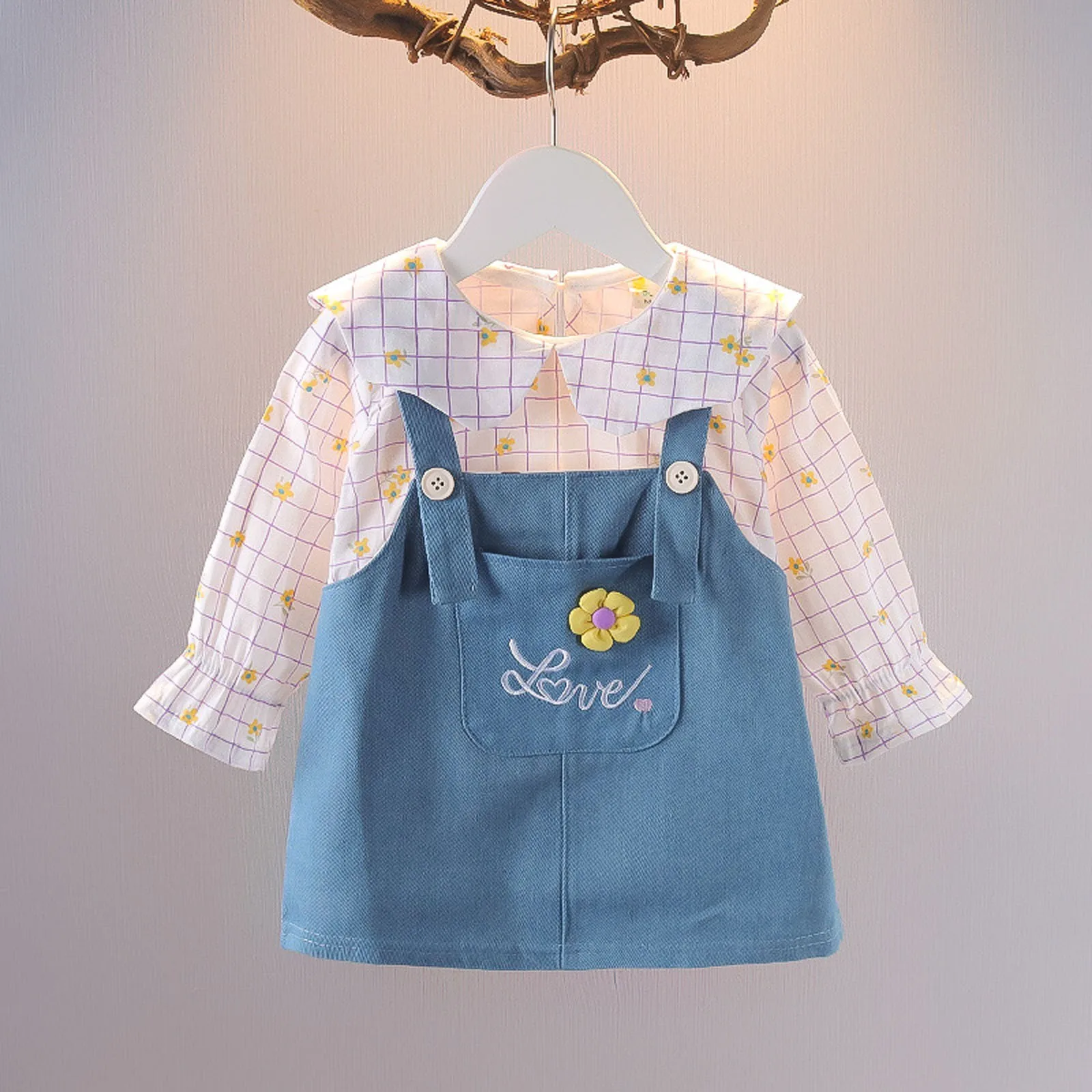 

Cute and Beautiful Girl's Korean Spring Dress Long Sleeve Denim Straps Dress Children's Versatile Princess Dress Baby Girl's