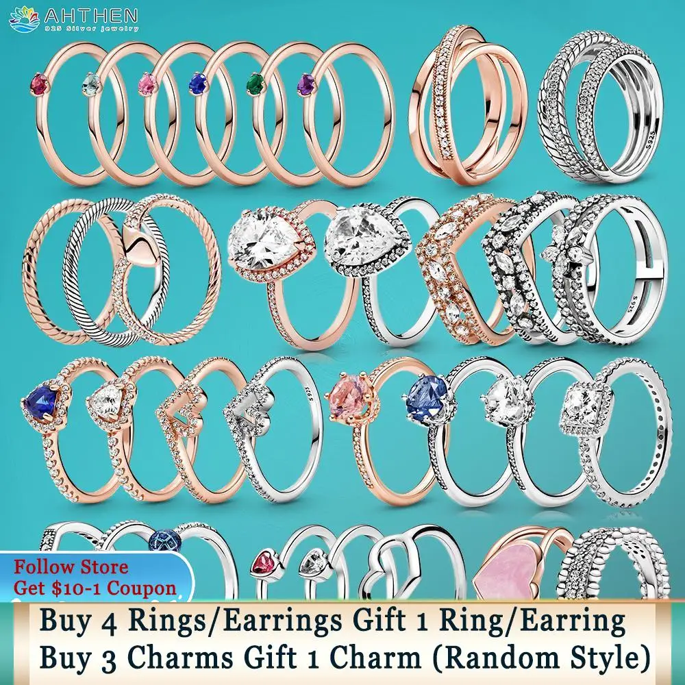 

Ahthen 925 Sterling Silver Rings nowflake Double Snake Chain Pattern Moon Solitaire Heart Rings Original 925 Silver Women Rings