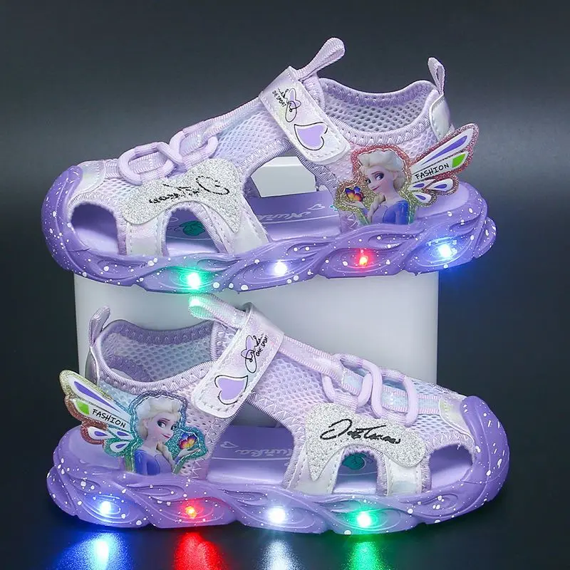 Disney Frozen Elsa Princess Girls' LED Sandals Summer Children's Sports Beach Pink Purple Girls' Soft  Shining Shoes Size 25-30