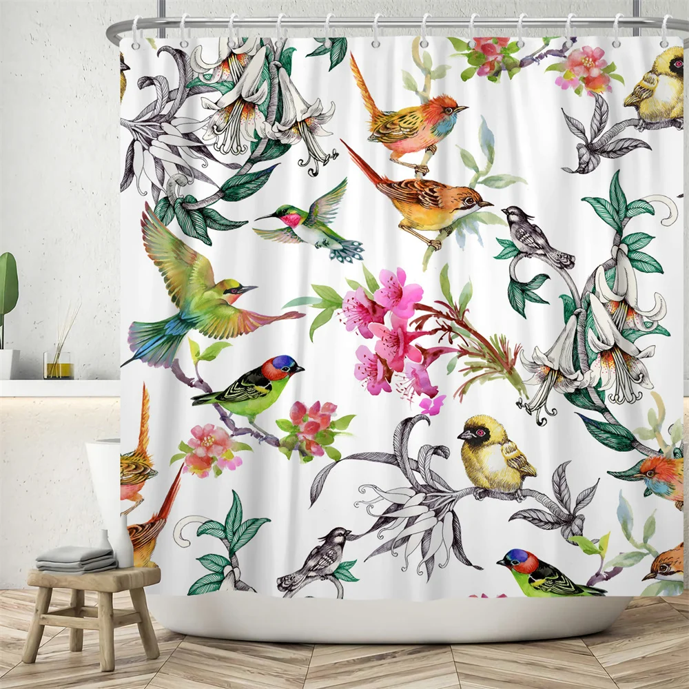 

Занавеска для душа с птицами, цветами, растениями, Весенняя драпировка с цветами, водонепроницаемая ткань из полиэстера, декор для ванной комнаты, шторы для ванной с крючками