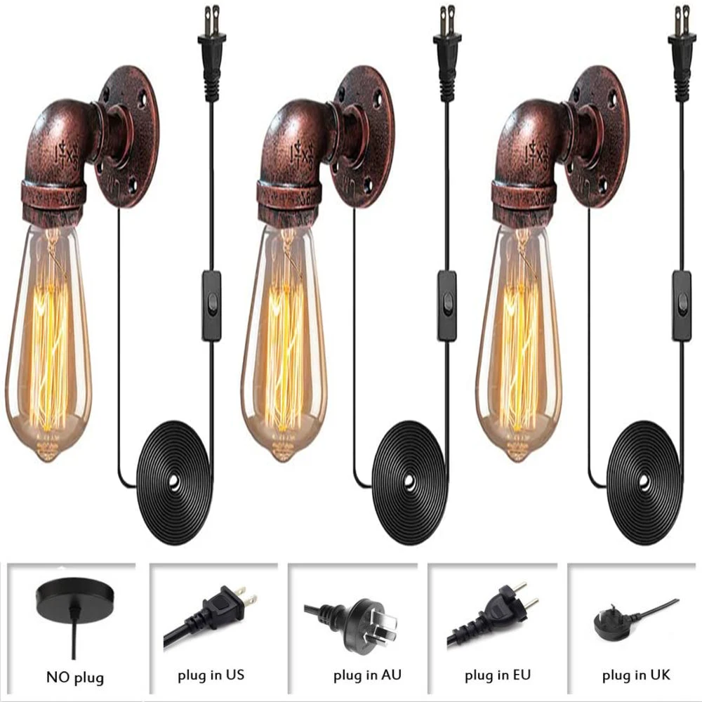 

3 Pack Industrial Loft Steampunk Wall Sconce, Creative Metal Iron Tube Wall Lighting, Red Rust Finish Plug in Water Pipe Wall