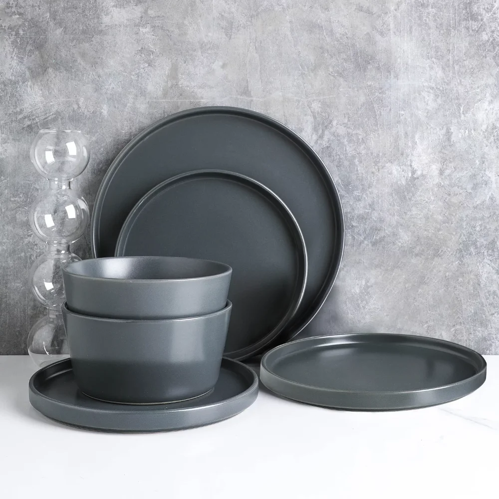 

Stone + Lain Celina Stoneware Collection, Round Dinnerware Set, 24-Piece Service for 8, Gray Matte