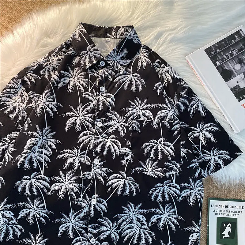 

Пляжная рубашка с принтом кокосового дерева, женская блузка, мужская рубашка для отпуска в тропическом стиле с коротким рукавом и пуговицам...