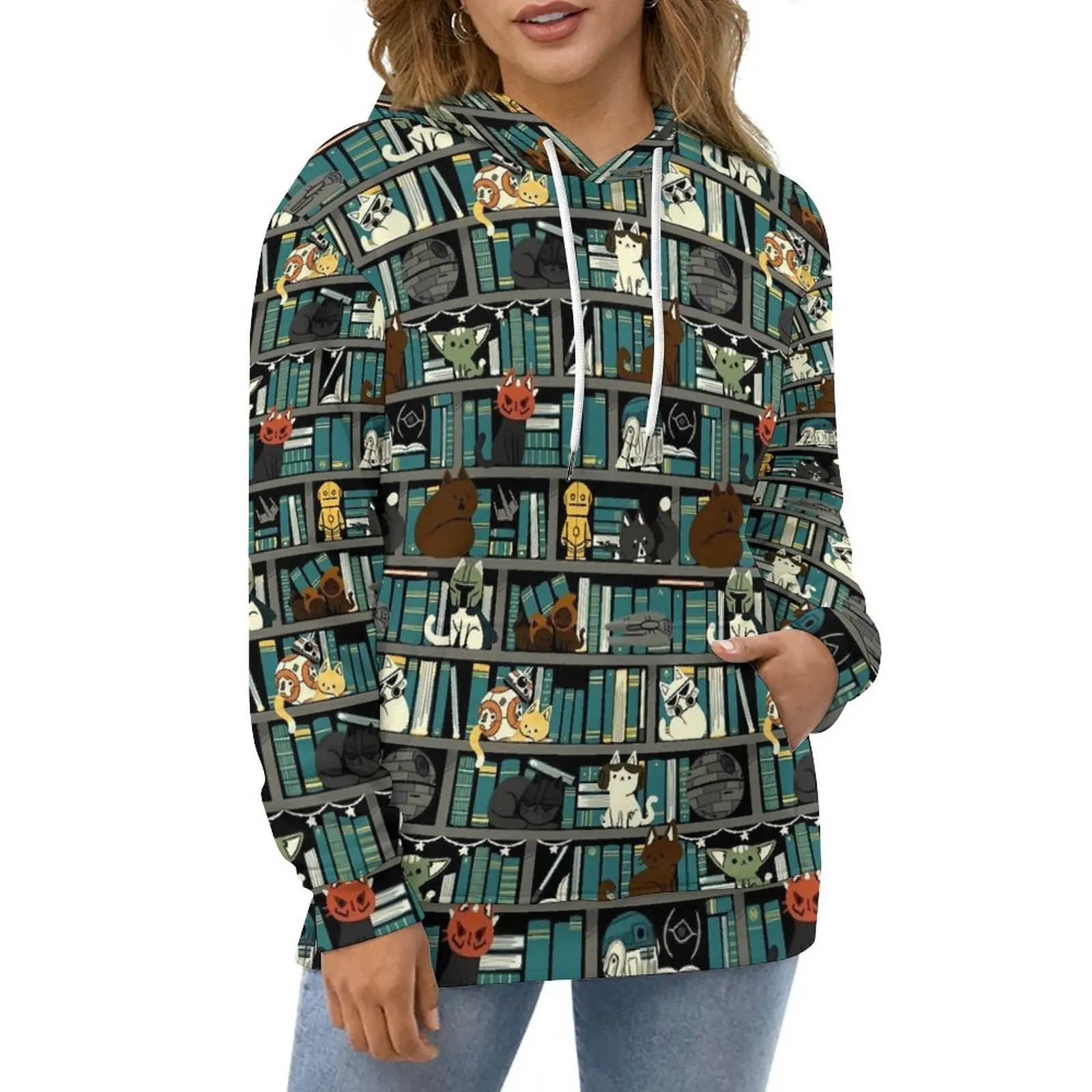 

Library Cats Hoodies Kitten Wars Korean Fashion Oversized Hoodie Couple Long Sleeve Cool Pattern Casual Sweatshirts