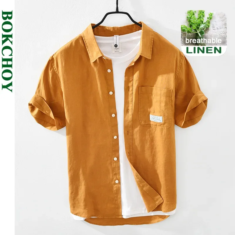 Рубашка Мужская льняная с коротким рукавом топ квадратным вырезом рабочая