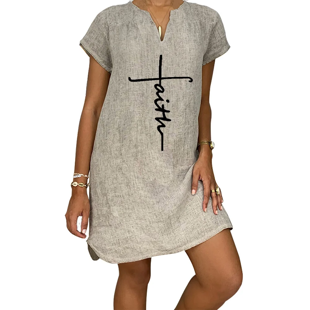 

5XL Women Dress Cotton Linen Solid Short Sleeve Dress for Women Vintage Loose Women Clothing V Neck Casual Dresses