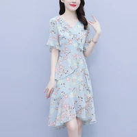 floral chiffon dress falbala a line korean style casual womens dresses v neck elegant 4xl 5xl clothing short sleeve knee length