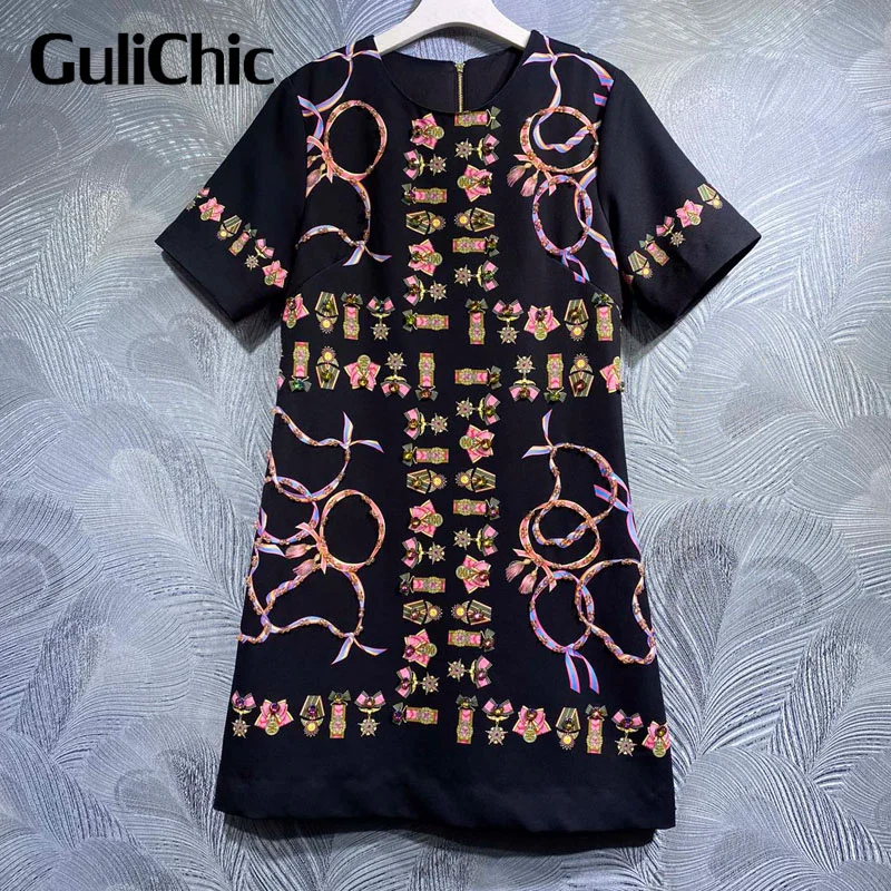 

3.24 GuliChic Women O-Neck Short Sleeve Fashion Chic Print Diamonds Decorate Loose Dress