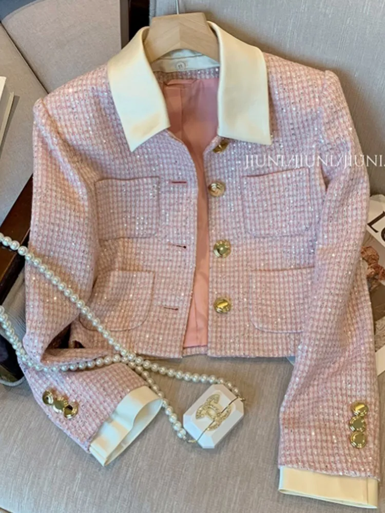 

Женское твидовое Укороченное пальто, подиумная куртка с длинным рукавом и отложным воротником, кардиган с карманами, верхняя одежда, осень-зима