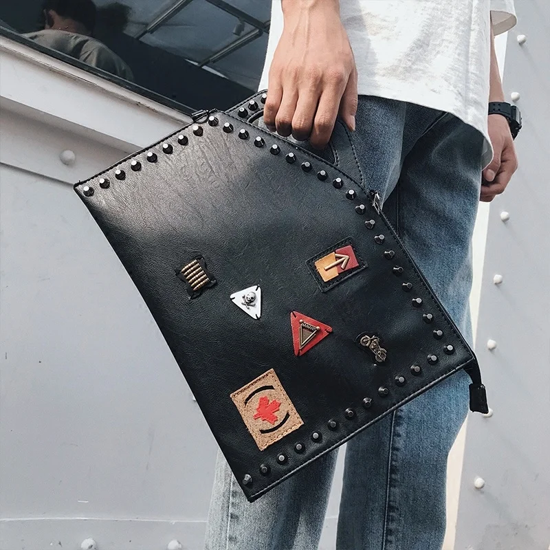 

Rivets Men Handbag Male Skull Clutch street fashion leisure shoulder luxury leather for men Free Shipping