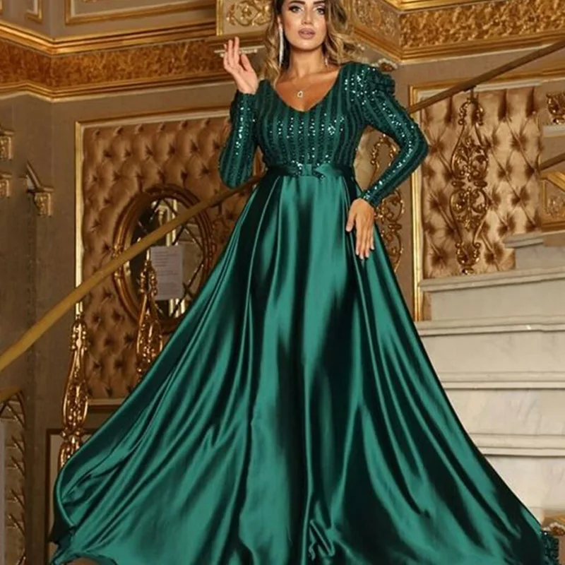 Autumn Long Sleeve V Neck Sparkle Sequins Prom Dress Floor Length Evening Party Dress Large Swing Patchwork Satin Ball Gown