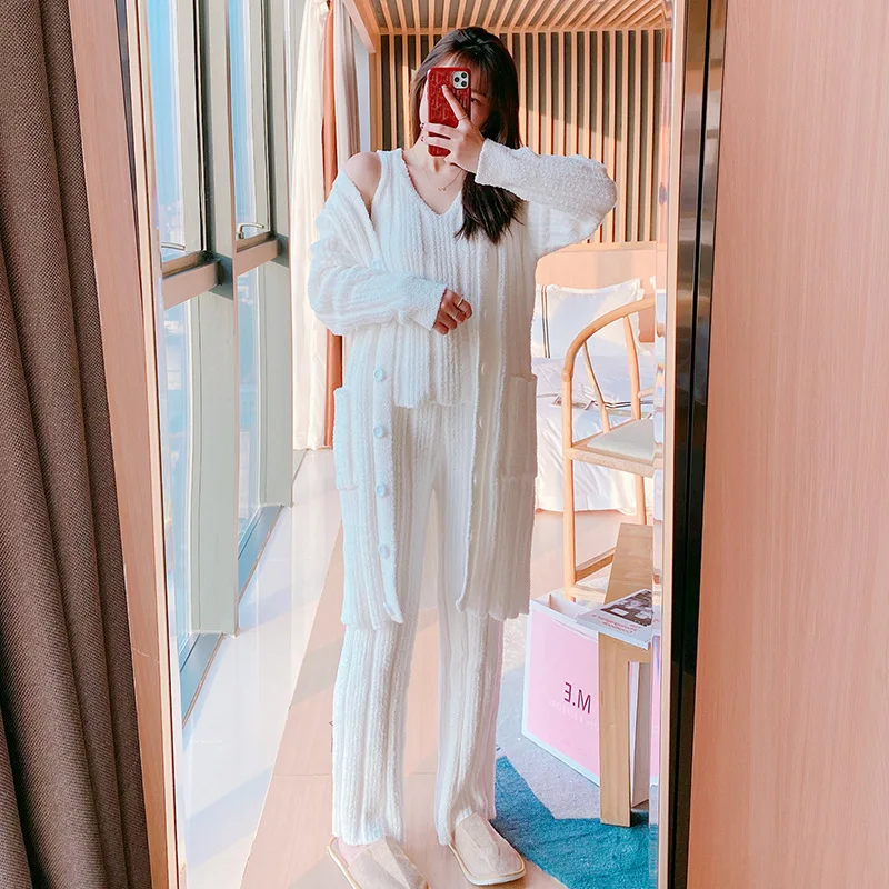 Winter Pajamas Three-piece Set Coat Vest Women Trousers Long Sleeves Warm Thick Cardigan Woolen Knitting Home Clothes Europe Pjs