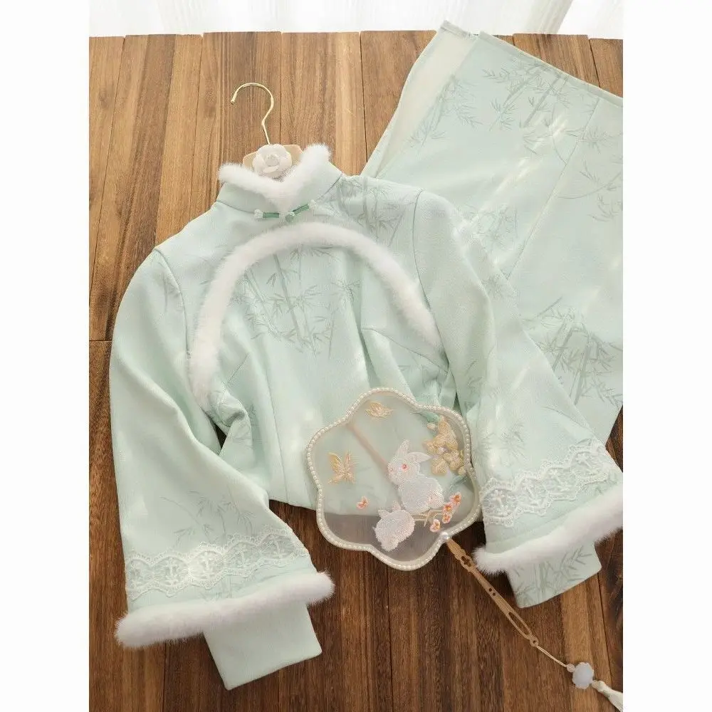 2024 зимнее плюшевое утепленное зеленое платье Cheongsam с большими рукавами новое