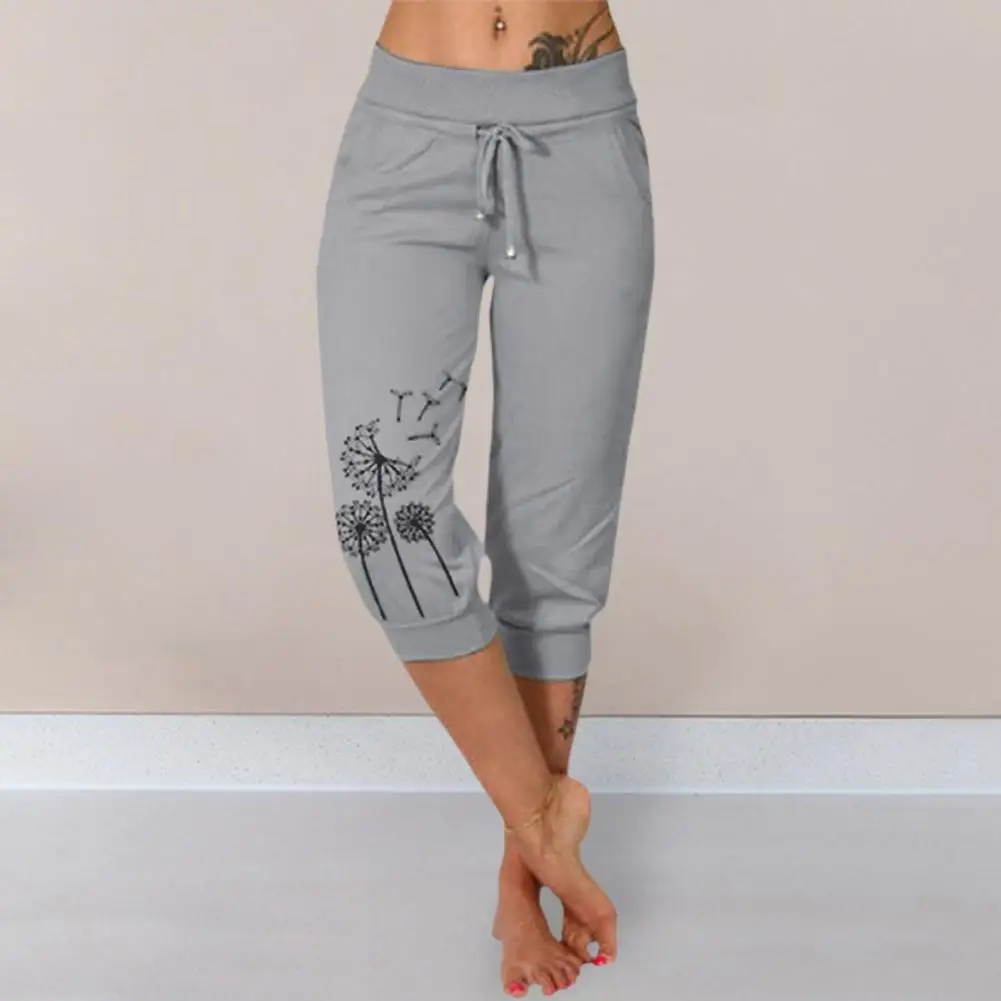 

High Waist Cropped Pants Elastic Waistband Drawstring Pockets Dandelion Print Women Casual Sport Pants Streetwear