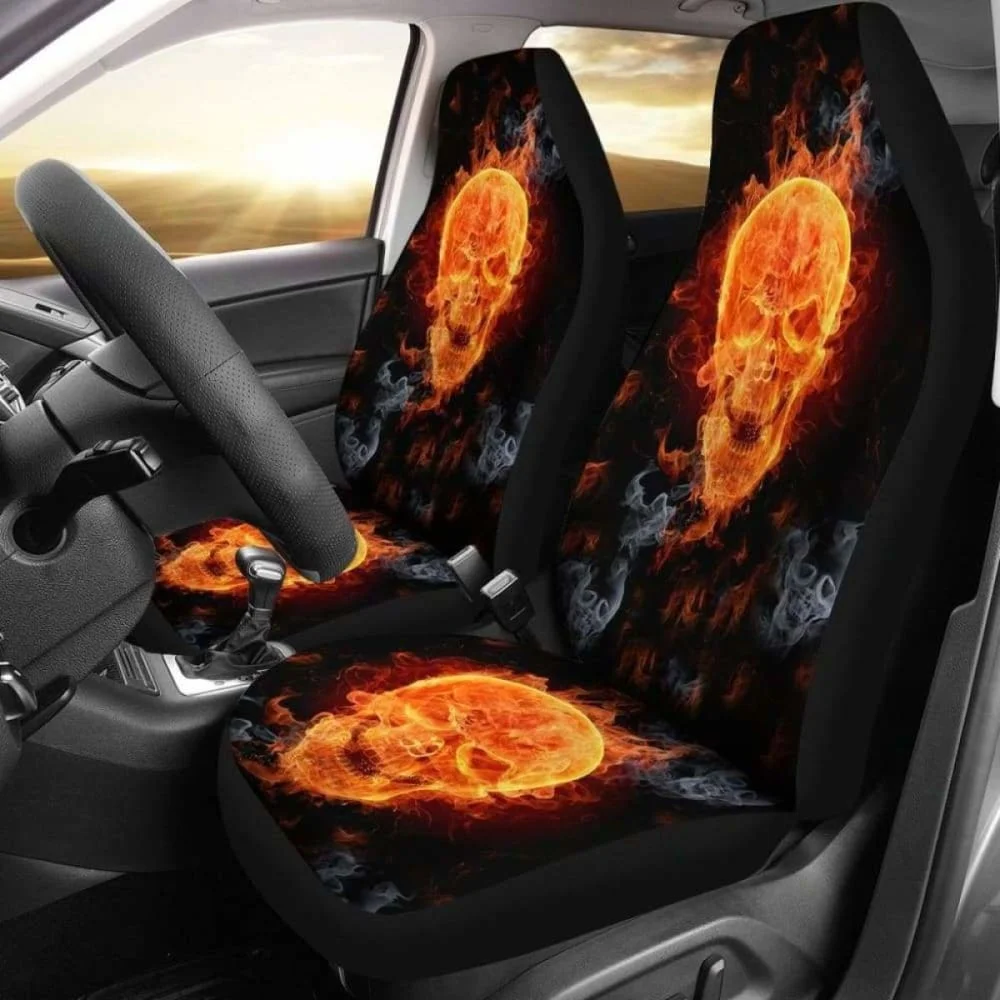 

Set Of 2 Pcs Skull Gothic Horror Flaming Fire Halloween Skull Car Seat Covers Pack of 2 Universal Front Seat Protective Cover