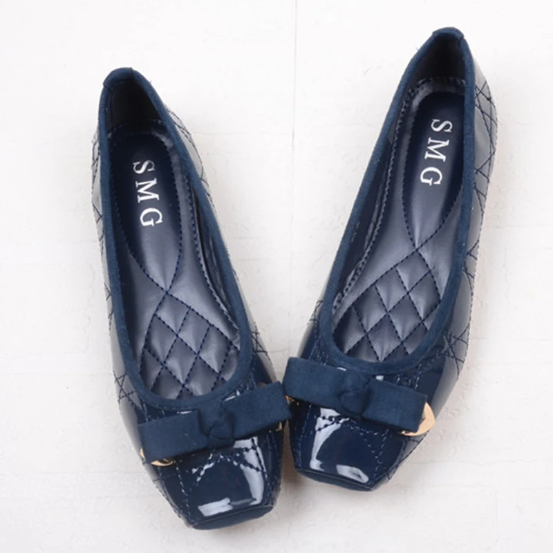 

Leather Flats Women Solid Sewing Ballerina Plus Size35-41 Office Shoes Ladies Espadrilles Square Toe Bow-knot Moccasins